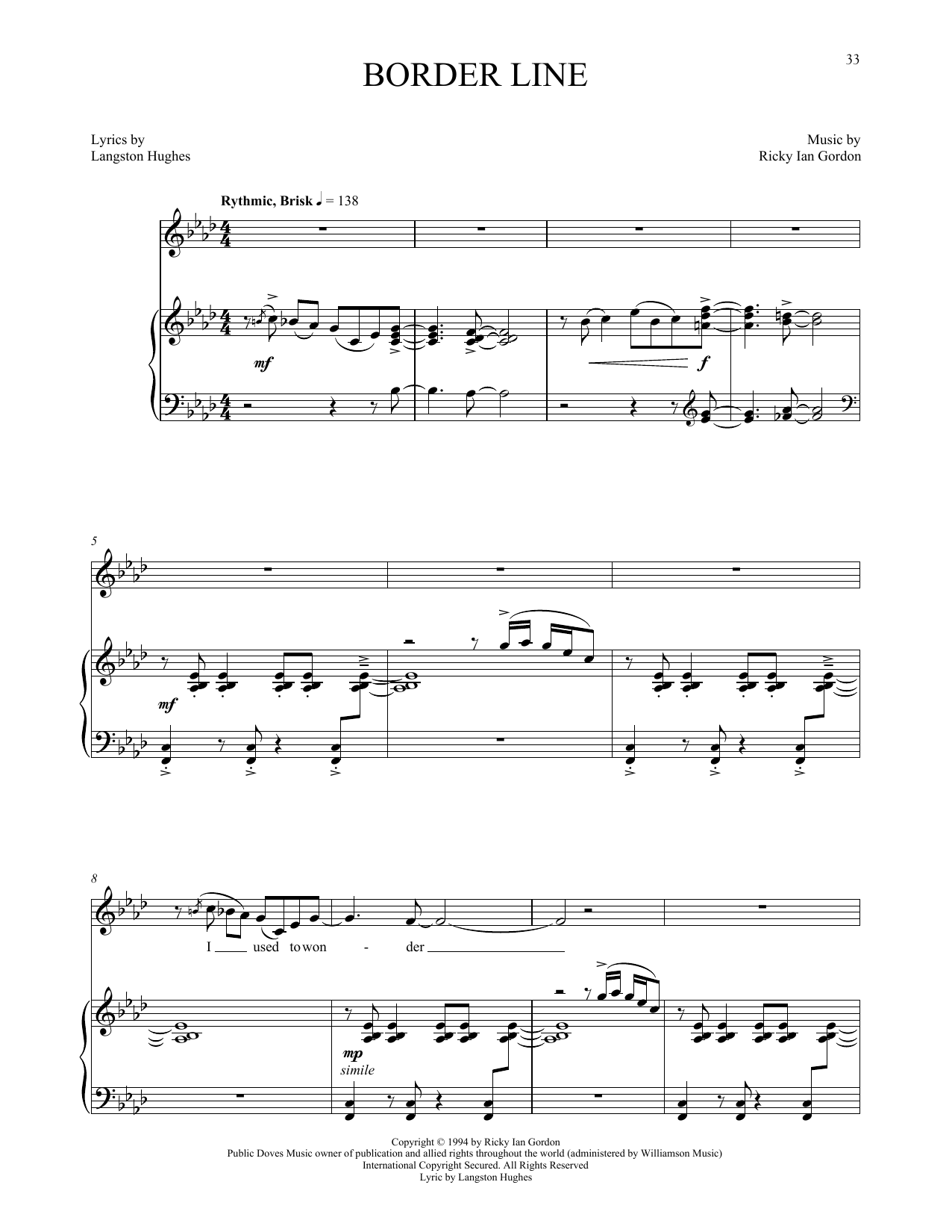 Ricky Ian Gordon Border Line Sheet Music Notes & Chords for Piano & Vocal - Download or Print PDF