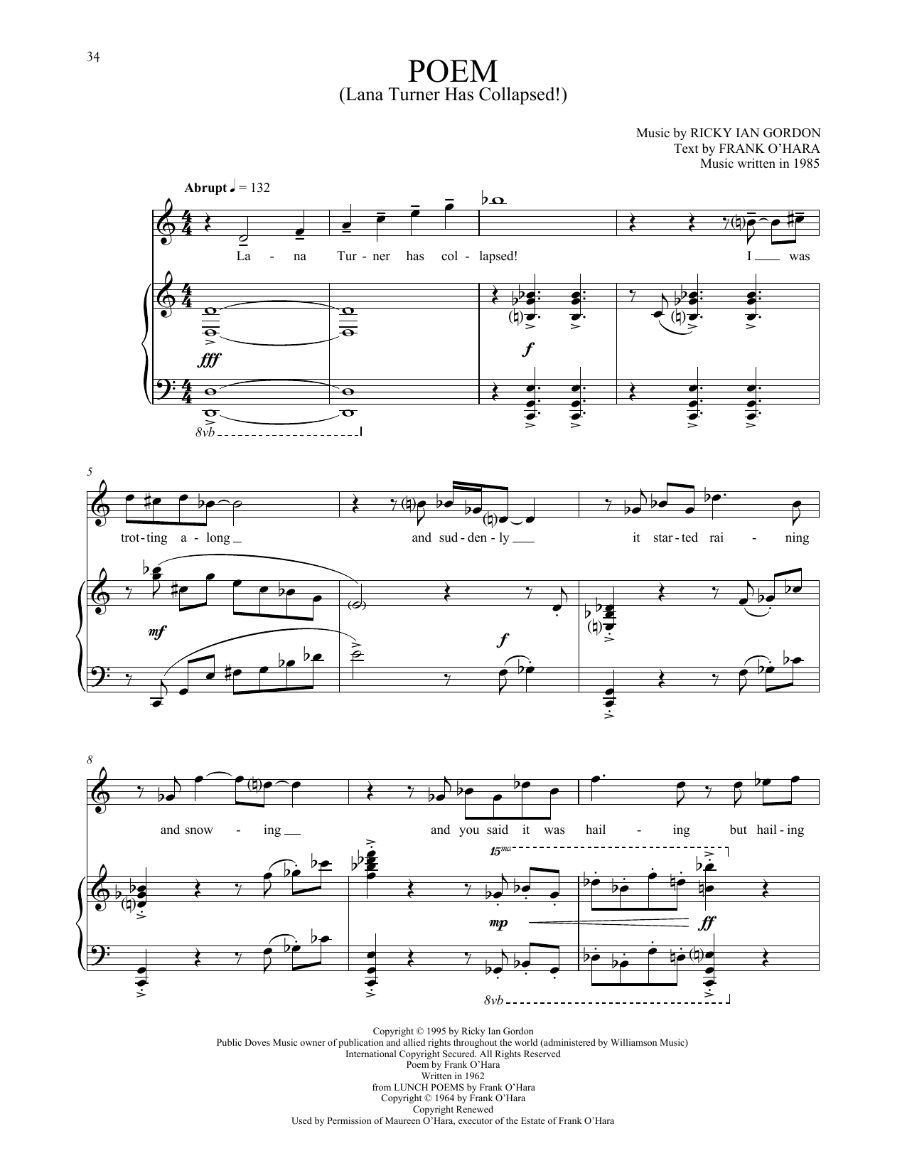 Ricky Ian Gordon Poem (Lana Turner Has Collapsed!) Sheet Music Notes & Chords for Piano & Vocal - Download or Print PDF