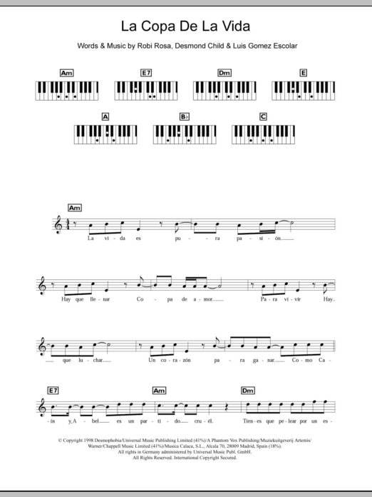 Ricky Martin La Copa De La Vida (The Cup Of Life) Sheet Music Notes & Chords for Keyboard - Download or Print PDF