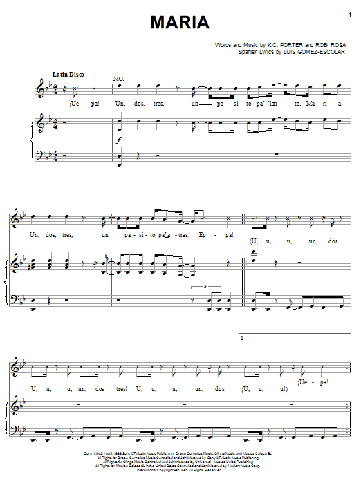 Ricky Martin Maria Sheet Music Notes & Chords for Piano, Vocal & Guitar (Right-Hand Melody) - Download or Print PDF