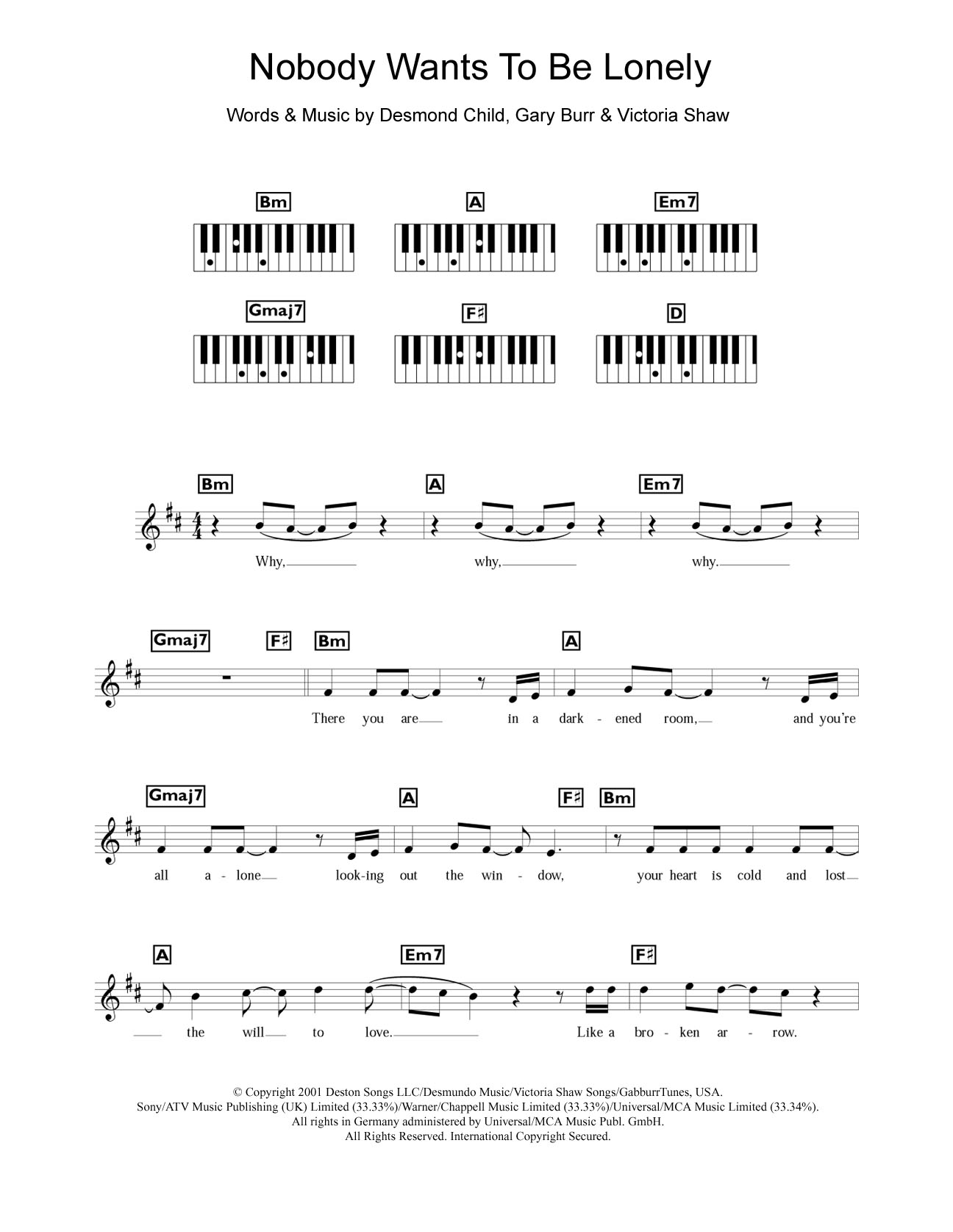 Ricky Martin Nobody Wants To Be Lonely Sheet Music Notes & Chords for Piano Chords/Lyrics - Download or Print PDF