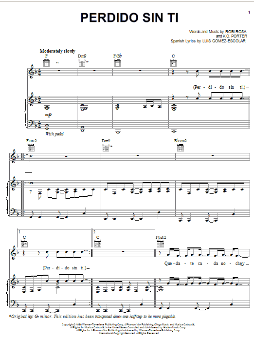 Ricky Martin Perdido Sin Ti Sheet Music Notes & Chords for Piano, Vocal & Guitar (Right-Hand Melody) - Download or Print PDF Ricky Martin Perdido Sin Ti Sheet Music Notes & Chords for Piano, Vocal & Guitar (Right-Hand Melody) - Download or Print PDF