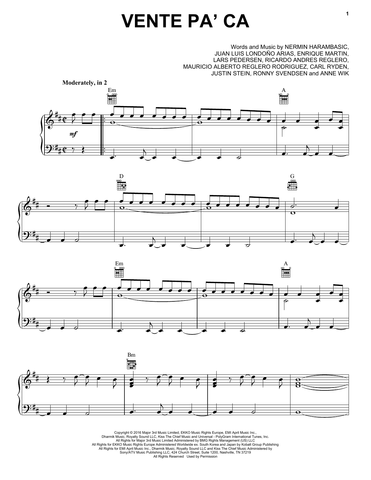 Ricky Martin Vente Pa' Ca (Feat. Maluma) Sheet Music Notes & Chords for Piano, Vocal & Guitar (Right-Hand Melody) - Download or Print PDF