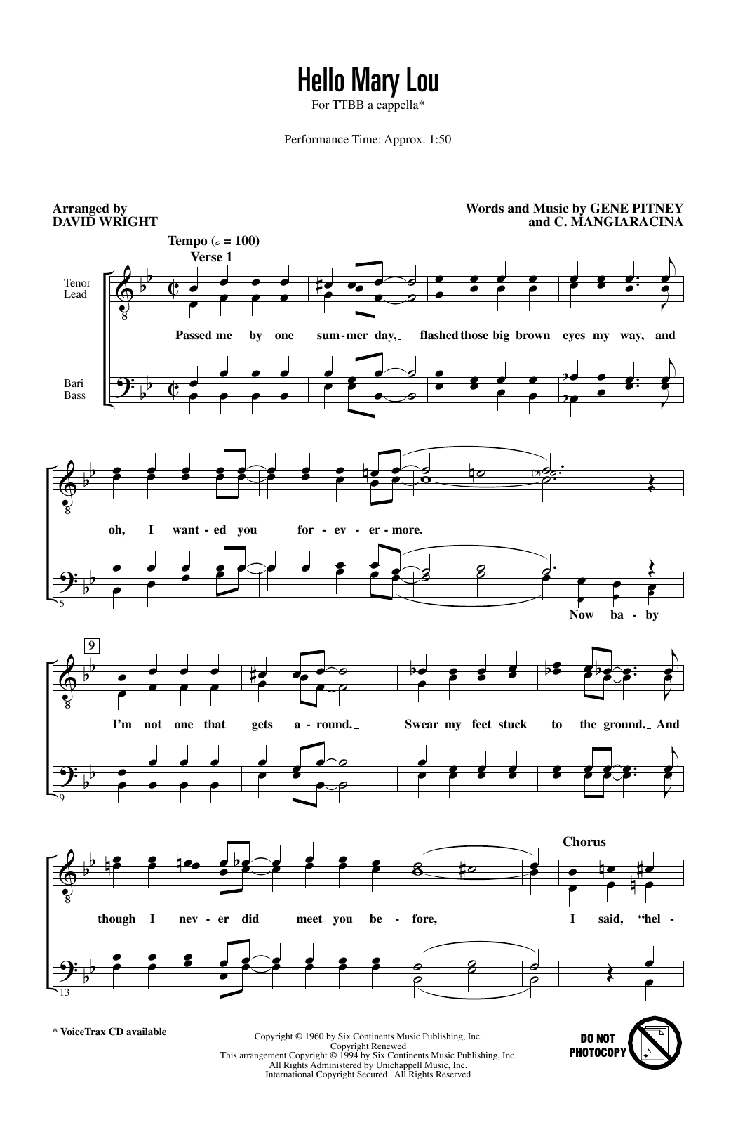 Ricky Nelson Hello Mary Lou (arr. David Wright) Sheet Music Notes & Chords for TTBB Choir - Download or Print PDF