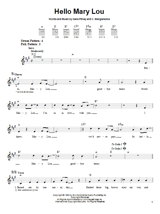 Ricky Nelson Hello Mary Lou Sheet Music Notes & Chords for Lyrics & Chords - Download or Print PDF