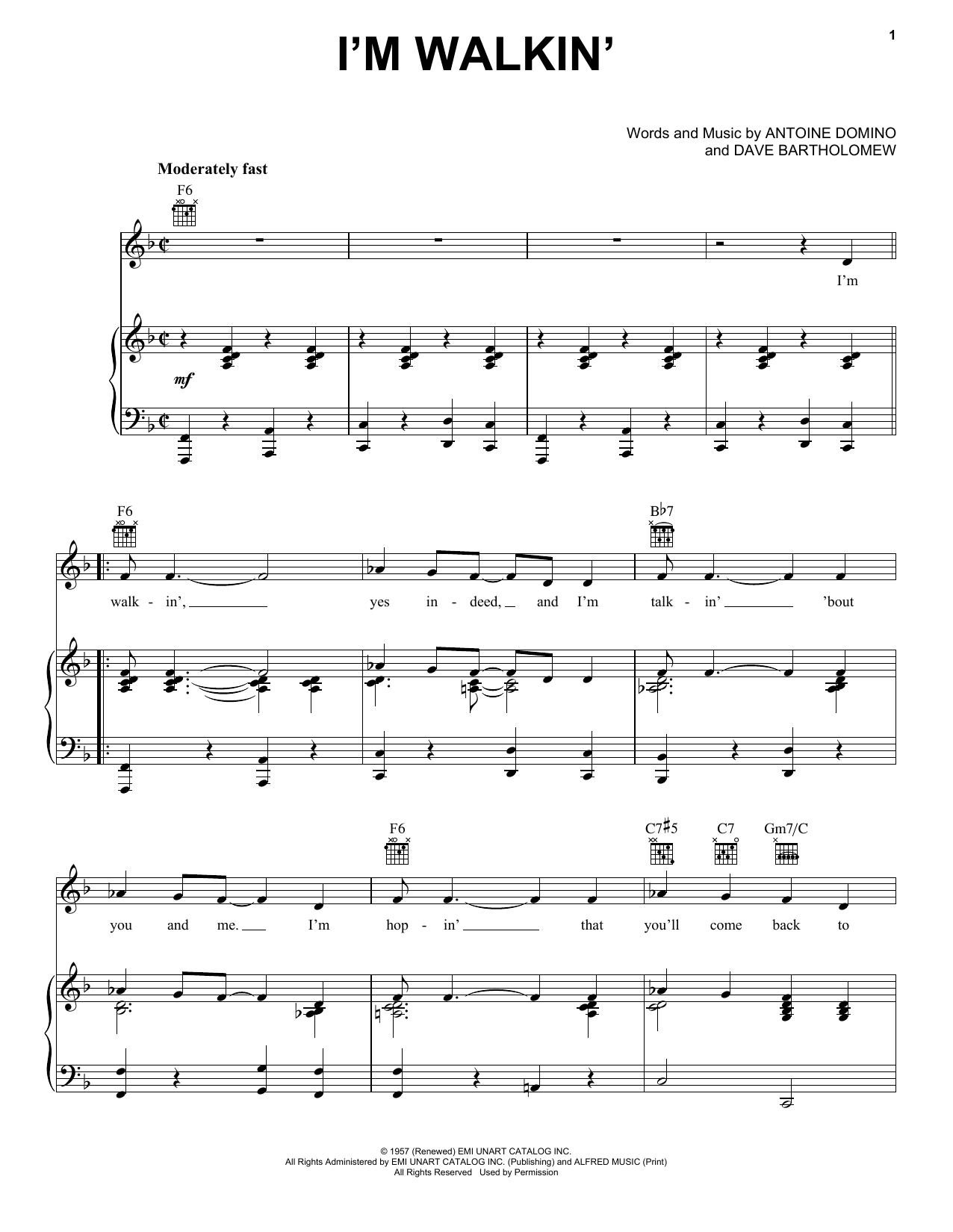 Ricky Nelson I'm Walkin' Sheet Music Notes & Chords for Piano, Vocal & Guitar (Right-Hand Melody) - Download or Print PDF