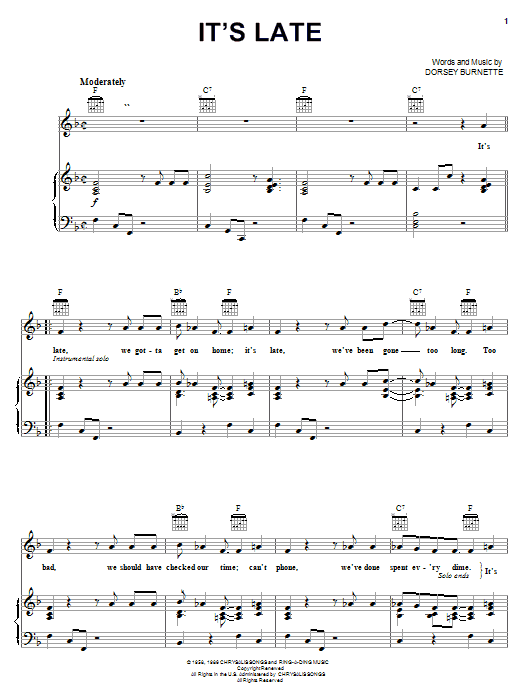 Ricky Nelson It's Late Sheet Music Notes & Chords for Piano, Vocal & Guitar (Right-Hand Melody) - Download or Print PDF