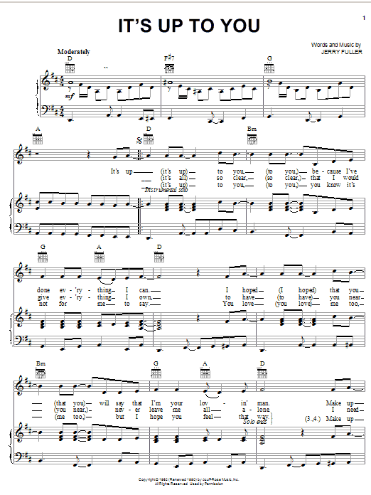 Ricky Nelson It's Up To You Sheet Music Notes & Chords for Piano, Vocal & Guitar (Right-Hand Melody) - Download or Print PDF Ricky Nelson It's Up To You Sheet Music Notes & Chords for Piano, Vocal & Guitar (Right-Hand Melody) - Download or Print PDF