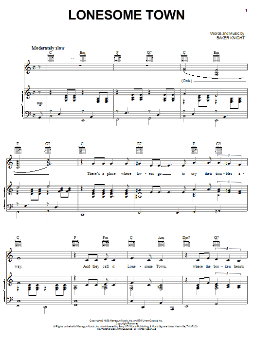 Ricky Nelson Lonesome Town Sheet Music Notes & Chords for Melody Line, Lyrics & Chords - Download or Print PDF