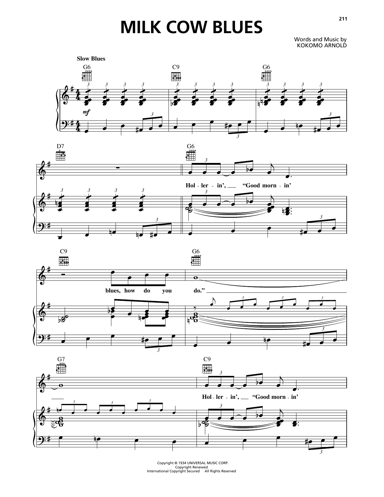 Ricky Nelson Milk Cow Blues Sheet Music Notes & Chords for Piano, Vocal & Guitar Chords (Right-Hand Melody) - Download or Print PDF