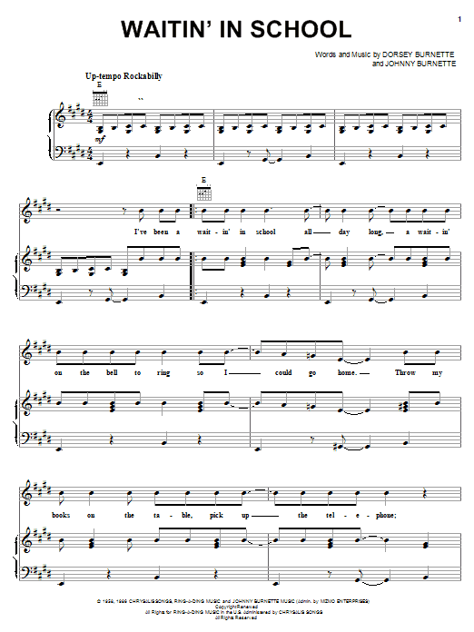 Ricky Nelson Waitin' In School Sheet Music Notes & Chords for Piano, Vocal & Guitar (Right-Hand Melody) - Download or Print PDF