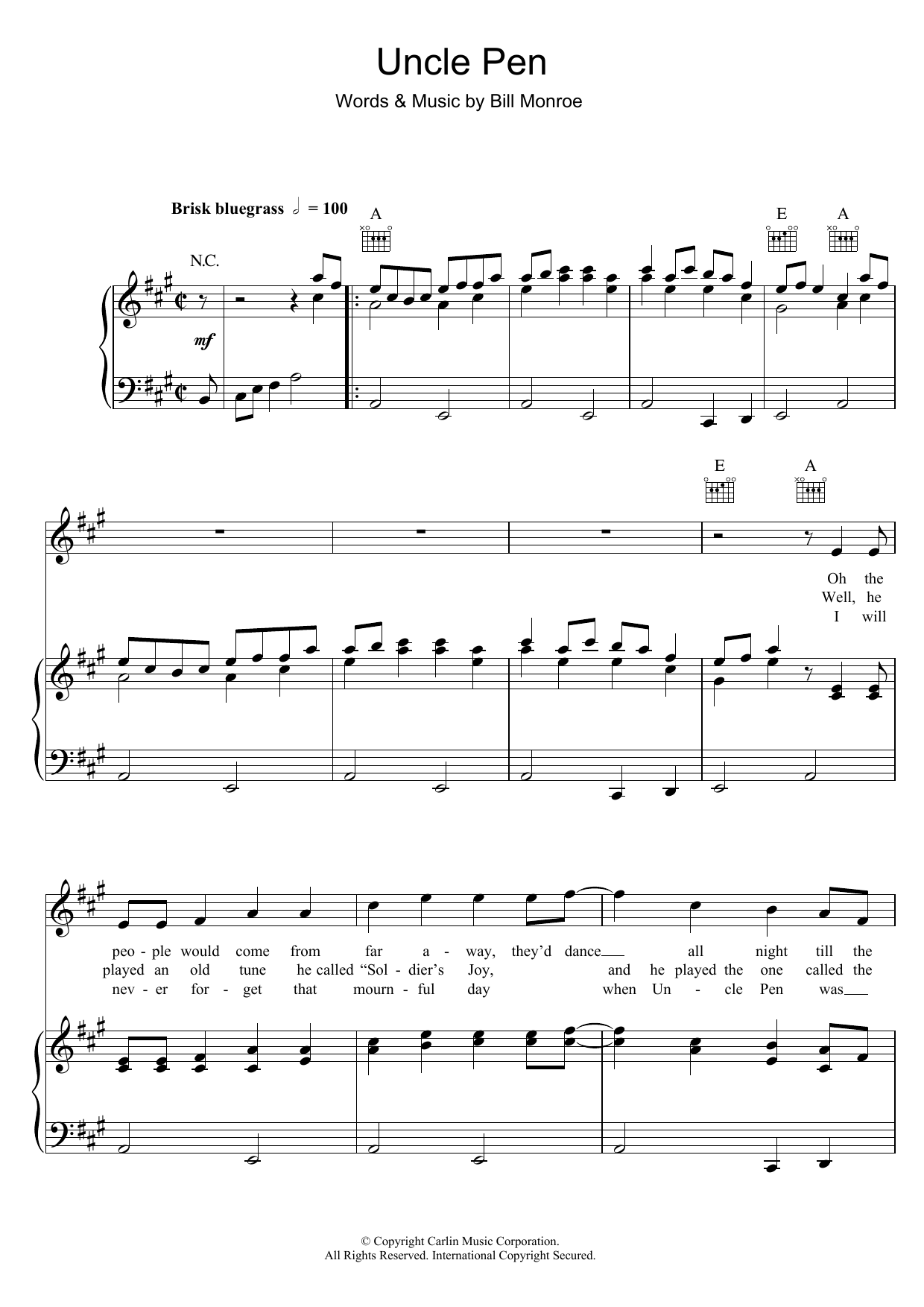 Ricky Skaggs Uncle Pen Sheet Music Notes & Chords for Piano, Vocal & Guitar (Right-Hand Melody) - Download or Print PDF