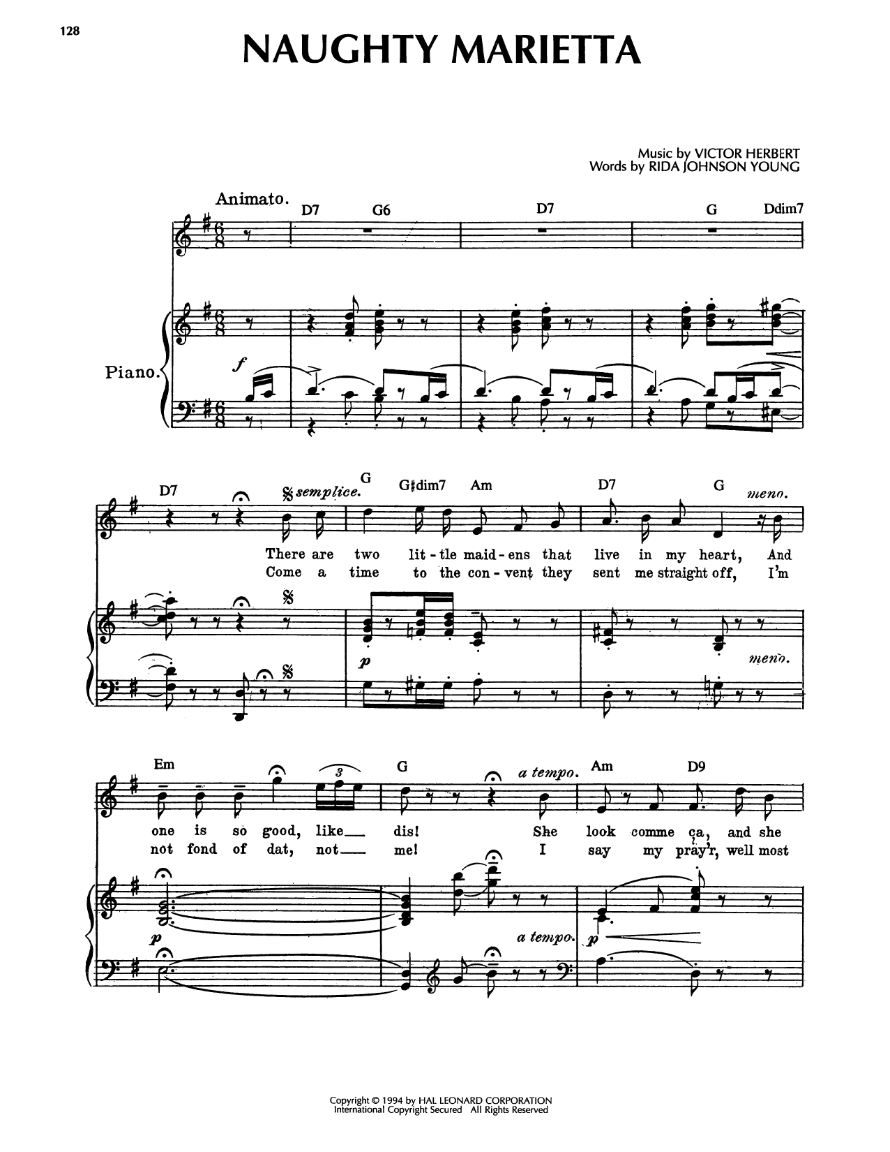 Rida Johnson Young Naughty Marietta Sheet Music Notes & Chords for Piano, Vocal & Guitar Chords (Right-Hand Melody) - Download or Print PDF
