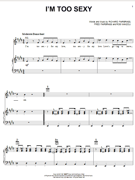 Right Said Fred I'm Too Sexy Sheet Music Notes & Chords for Piano, Vocal & Guitar (Right-Hand Melody) - Download or Print PDF