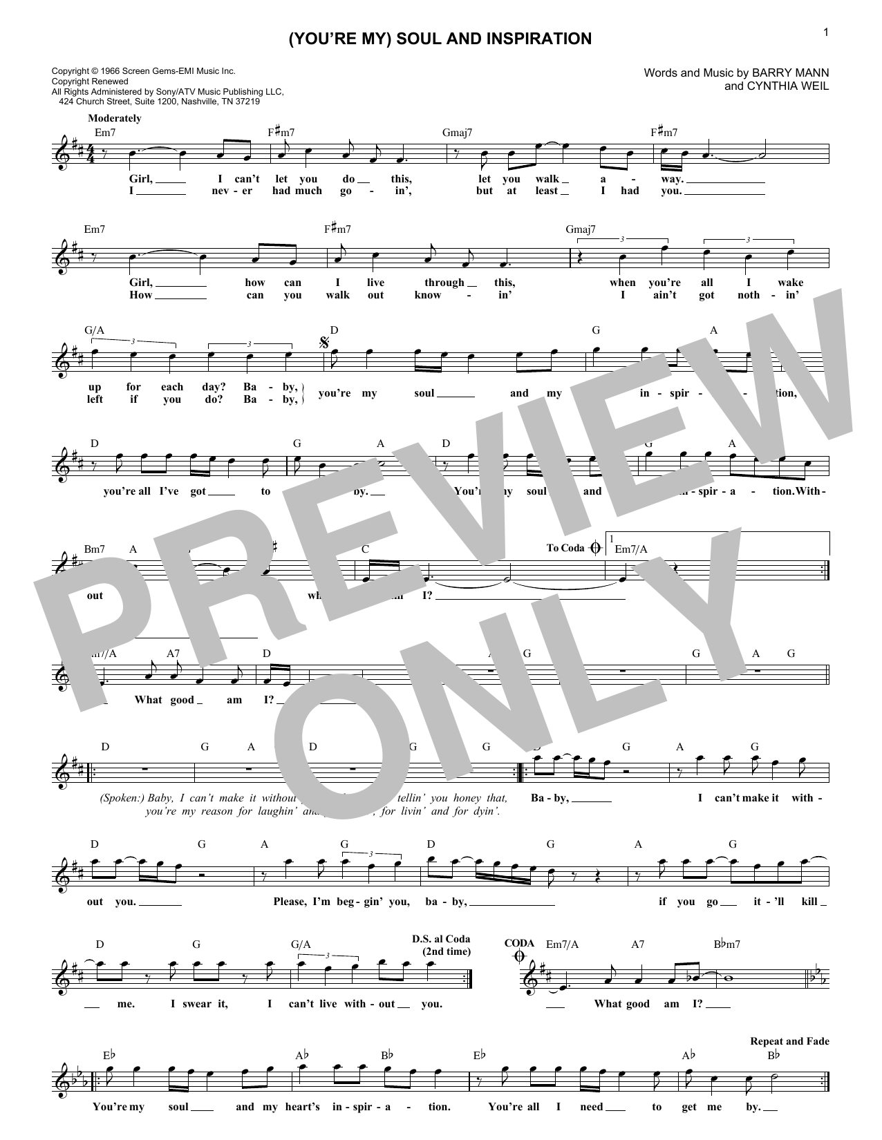 Righteous Brothers (You're My) Soul And Inspiration Sheet Music Notes & Chords for Lead Sheet / Fake Book - Download or Print PDF