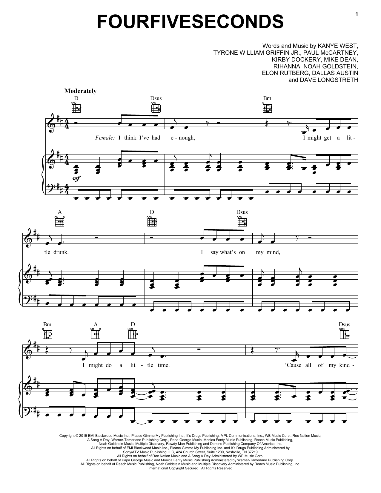 Rihanna & Kanye West & Paul McCartney FourFiveSeconds Sheet Music Notes & Chords for Piano, Vocal & Guitar (Right-Hand Melody) - Download or Print PDF