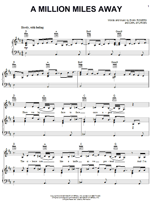 Rihanna A Million Miles Away Sheet Music Notes & Chords for Piano, Vocal & Guitar (Right-Hand Melody) - Download or Print PDF