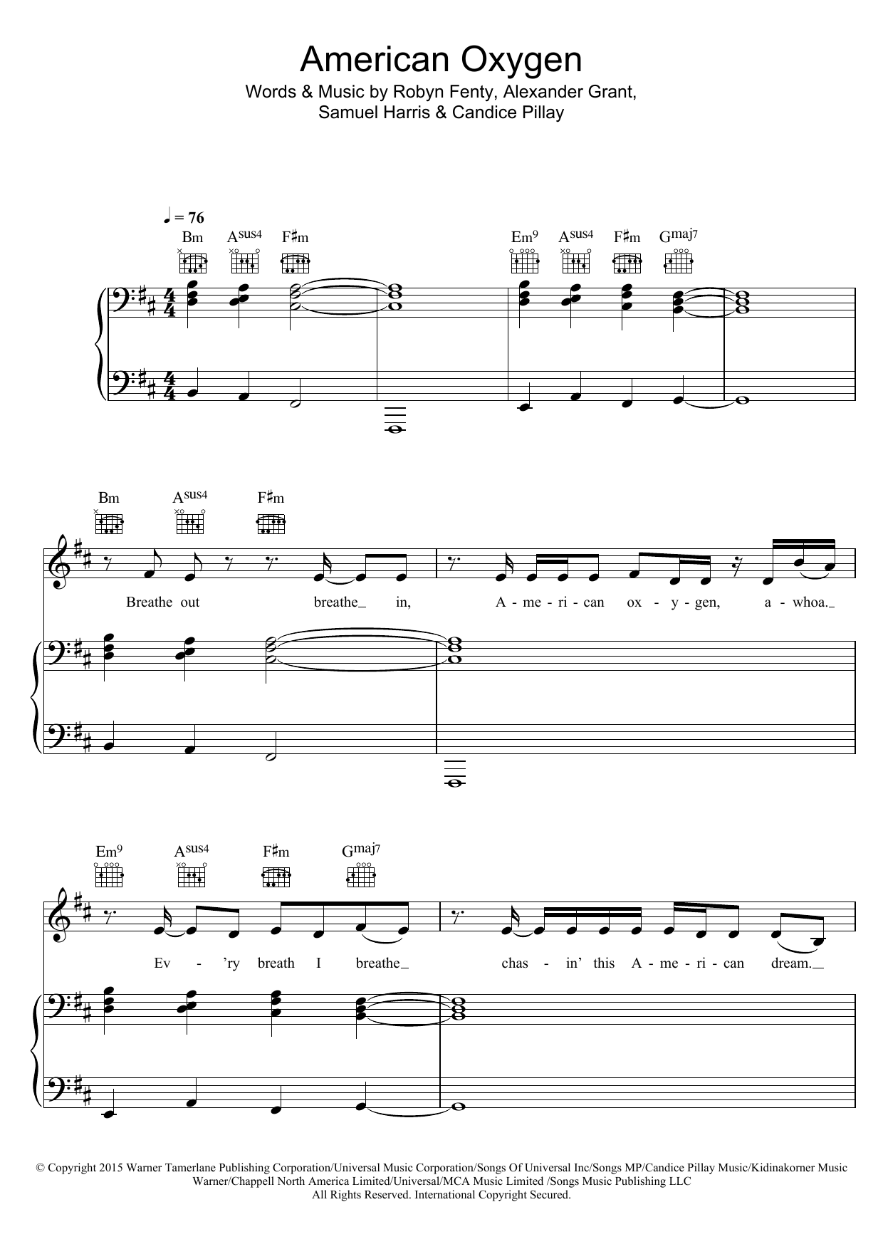 Rihanna American Oxygen Sheet Music Notes & Chords for Piano, Vocal & Guitar - Download or Print PDF