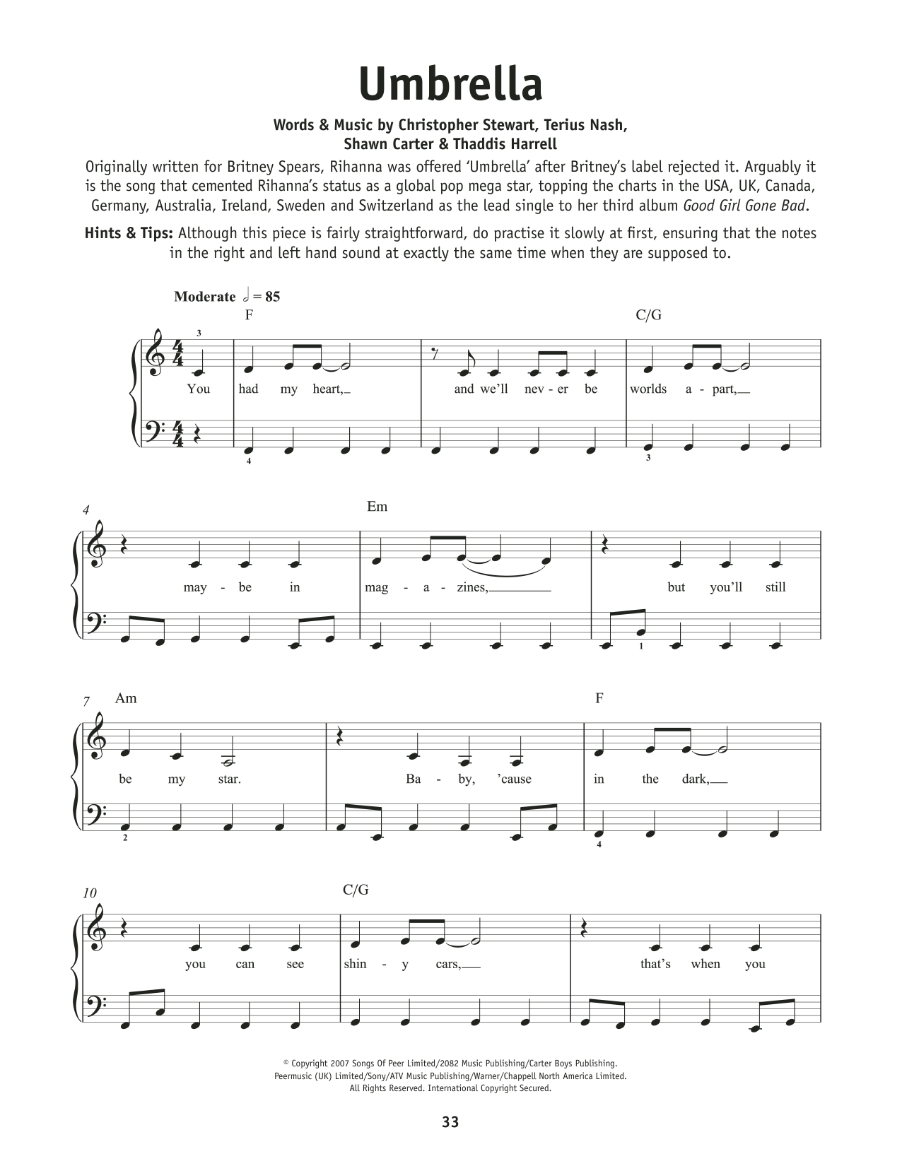 Rihanna and Jay-Z Umbrella Sheet Music Notes & Chords for Really Easy Piano - Download or Print PDF