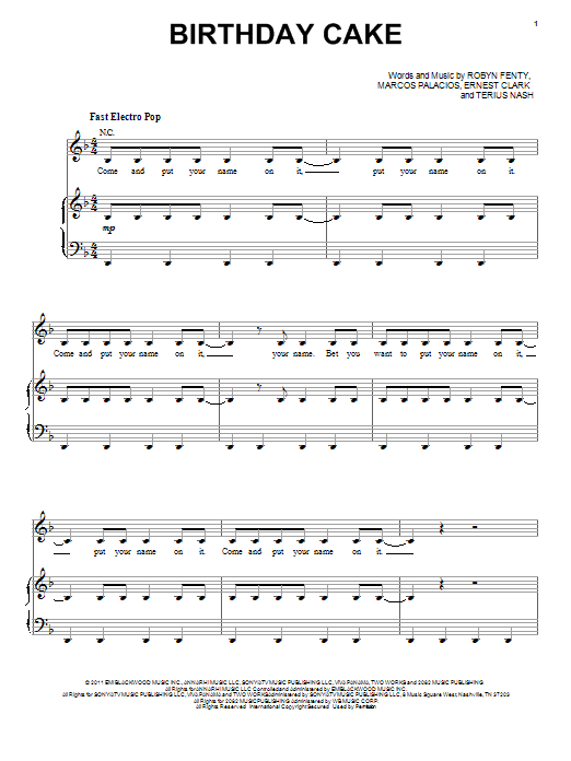 Rihanna Birthday Cake Sheet Music Notes & Chords for Piano, Vocal & Guitar (Right-Hand Melody) - Download or Print PDF