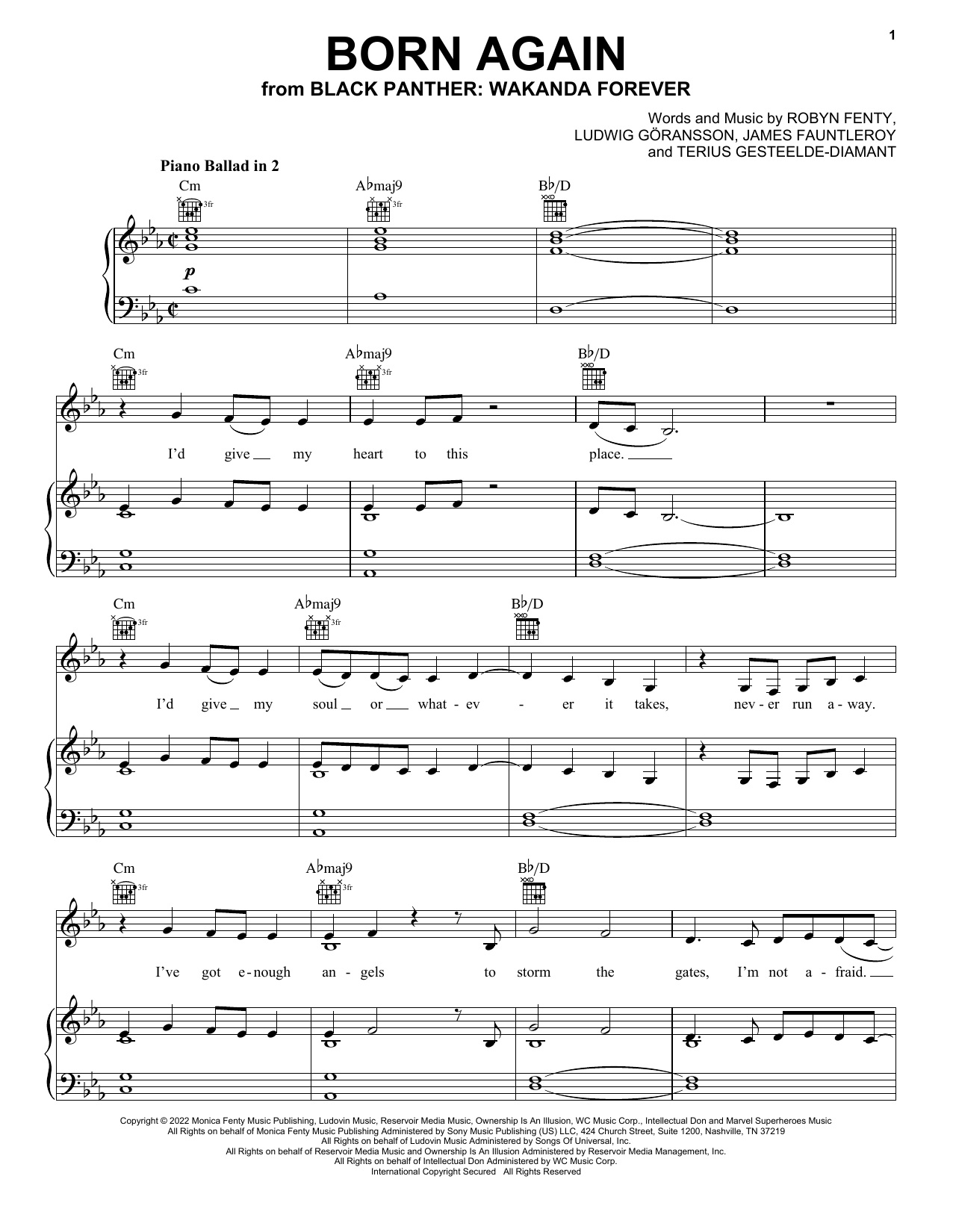 Rihanna Born Again (from Black Panther: Wakanda Forever) Sheet Music Notes & Chords for Piano, Vocal & Guitar Chords (Right-Hand Melody) - Download or Print PDF