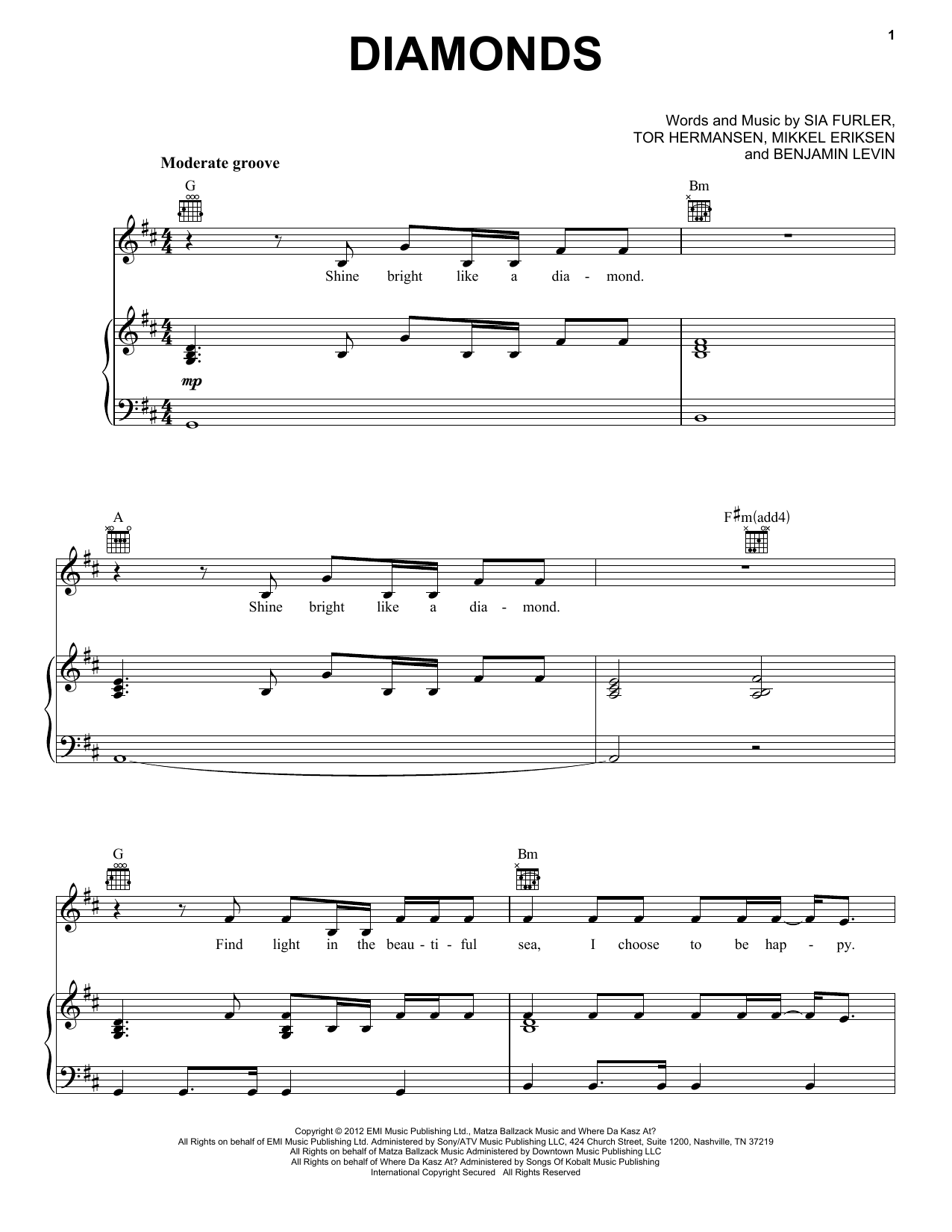 Rihanna Diamonds Sheet Music Notes & Chords for Piano, Vocal & Guitar (Right-Hand Melody) - Download or Print PDF