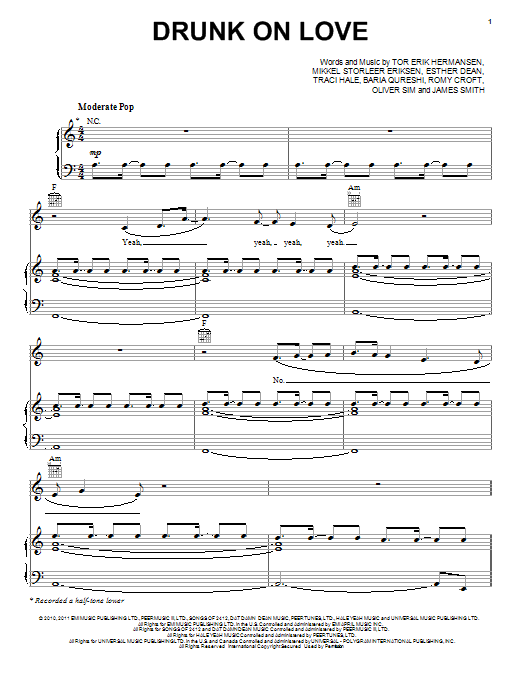 Rihanna Drunk On Love Sheet Music Notes & Chords for Piano, Vocal & Guitar (Right-Hand Melody) - Download or Print PDF