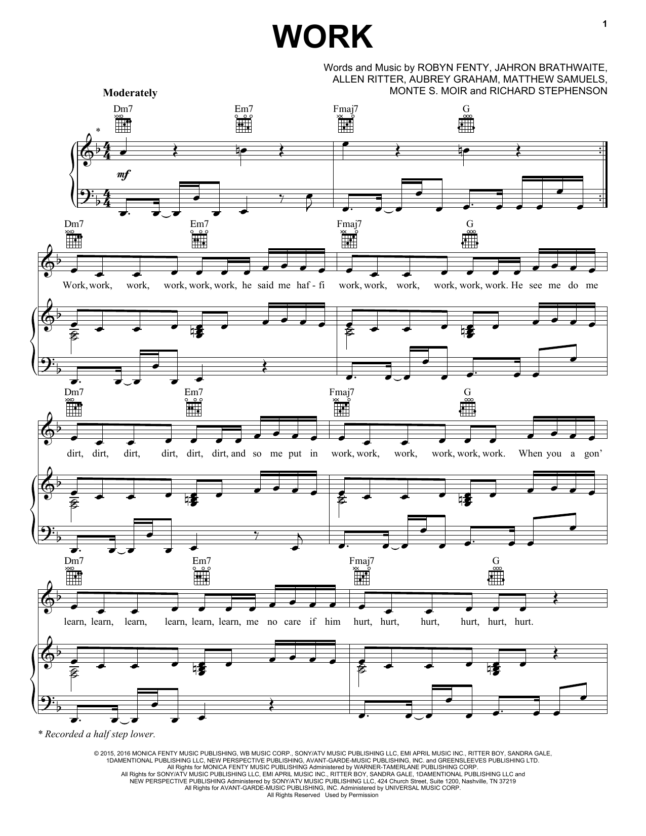 Rihanna featuring Drake Work Sheet Music Notes & Chords for Piano, Vocal & Guitar (Right-Hand Melody) - Download or Print PDF