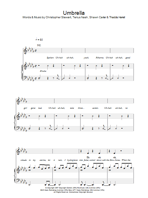 Rihanna Umbrella (featuring Jay-Z) Sheet Music Notes & Chords for Piano Chords/Lyrics - Download or Print PDF
