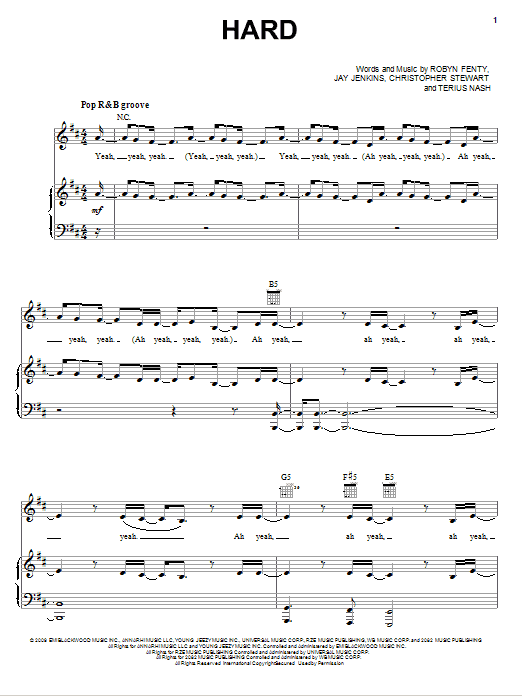Rihanna featuring Jeezy Hard Sheet Music Notes & Chords for Piano, Vocal & Guitar (Right-Hand Melody) - Download or Print PDF