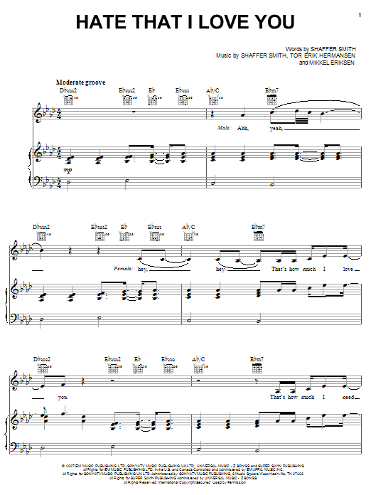 Rihanna featuring Ne-Yo Hate That I Love You Sheet Music Notes & Chords for Piano, Vocal & Guitar (Right-Hand Melody) - Download or Print PDF Rihanna featuring Ne-Yo Hate That I Love You Sheet Music Notes & Chords for Piano, Vocal & Guitar (Right-Hand Melody) - Download or Print PDF