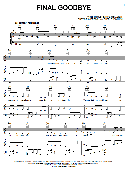 Rihanna Final Goodbye Sheet Music Notes & Chords for Piano, Vocal & Guitar (Right-Hand Melody) - Download or Print PDF