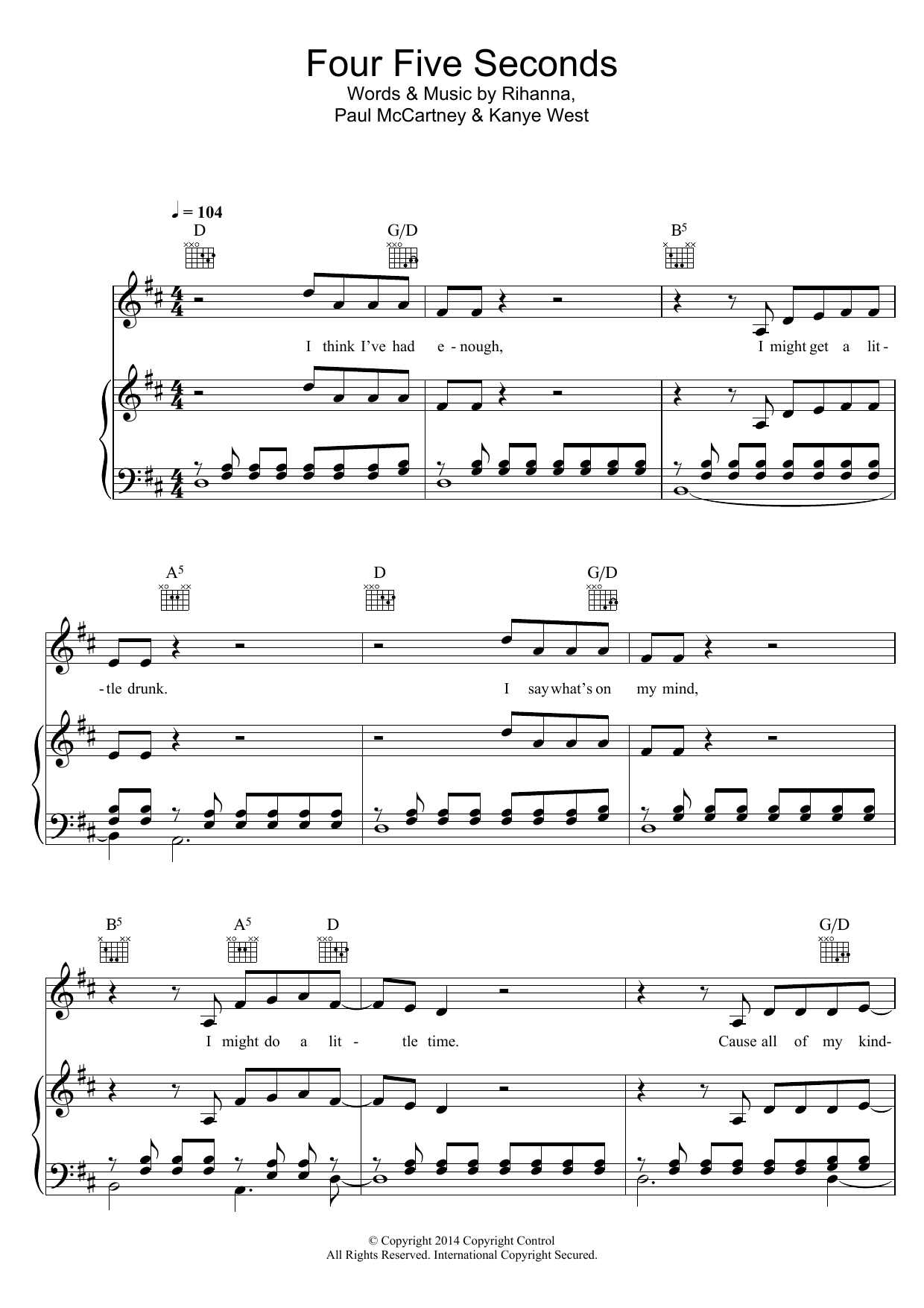 Rihanna FourFiveSeconds (featuring Kanye West and Paul McCartney) Sheet Music Notes & Chords for Lyrics & Chords - Download or Print PDF