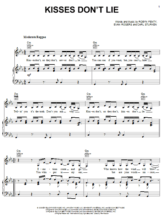 Rihanna Kisses Don't Lie Sheet Music Notes & Chords for Piano, Vocal & Guitar (Right-Hand Melody) - Download or Print PDF