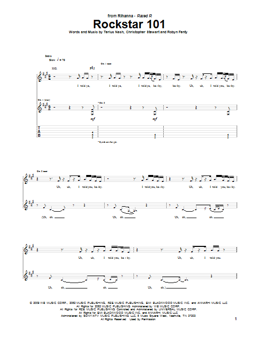 Rihanna Rockstar 101 Sheet Music Notes & Chords for Guitar Tab - Download or Print PDF