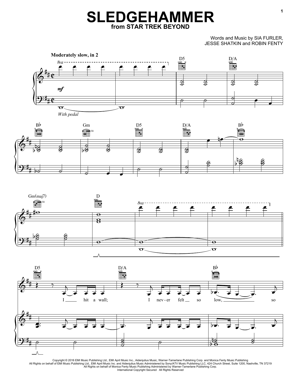 Rihanna Sledgehammer Sheet Music Notes & Chords for Piano, Vocal & Guitar (Right-Hand Melody) - Download or Print PDF