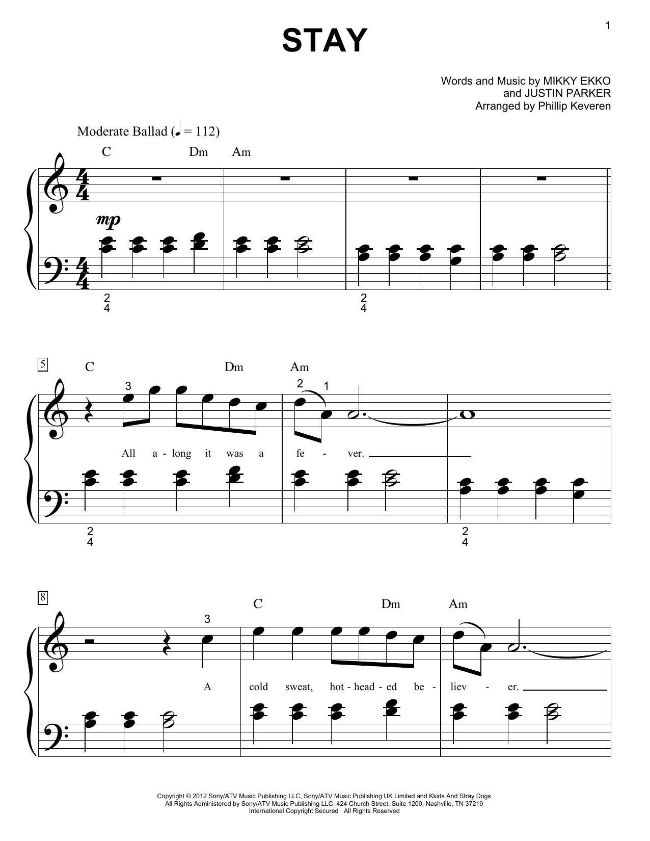 Rihanna Stay Sheet Music Notes & Chords for Piano (Big Notes) - Download or Print PDF