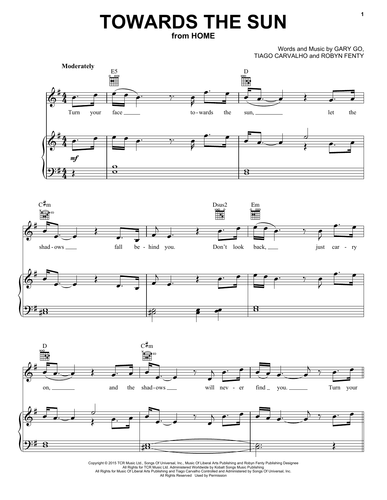 Rihanna Towards The Sun Sheet Music Notes & Chords for Piano, Vocal & Guitar (Right-Hand Melody) - Download or Print PDF