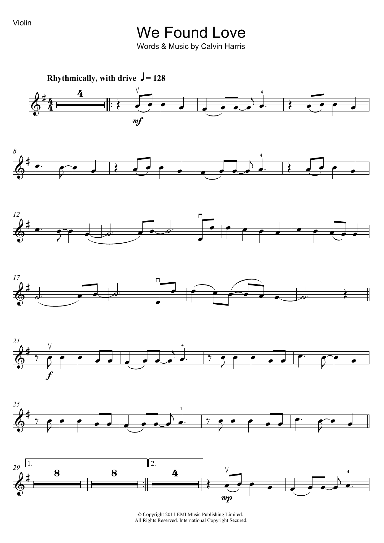 Rihanna We Found Love (featuring Calvin Harris) Sheet Music Notes & Chords for Violin - Download or Print PDF