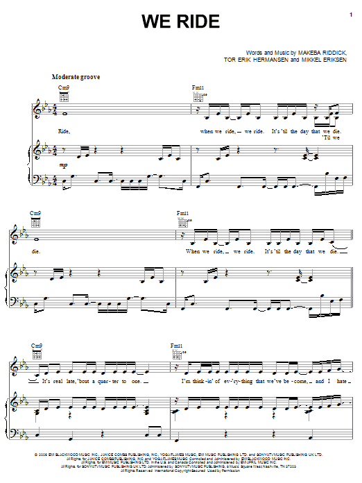 Rihanna We Ride Sheet Music Notes & Chords for Piano, Vocal & Guitar (Right-Hand Melody) - Download or Print PDF