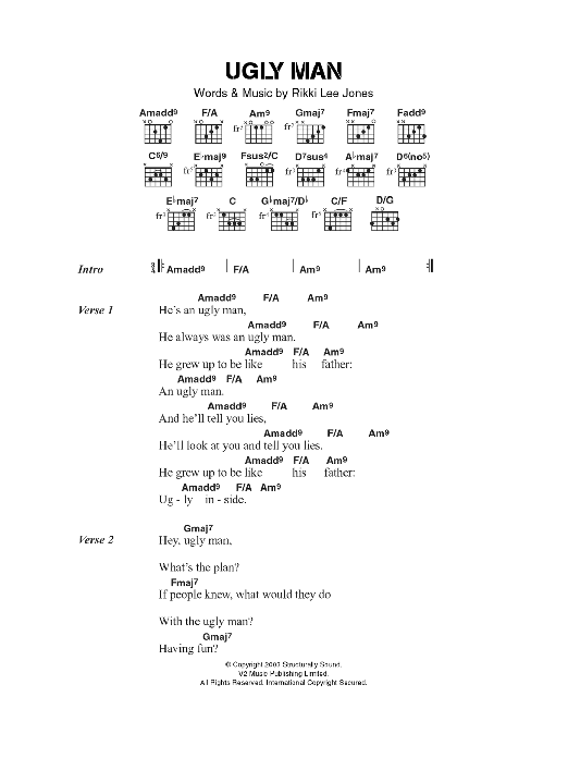 Rikki Lee Jones Ugly Man Sheet Music Notes & Chords for Lyrics & Chords - Download or Print PDF