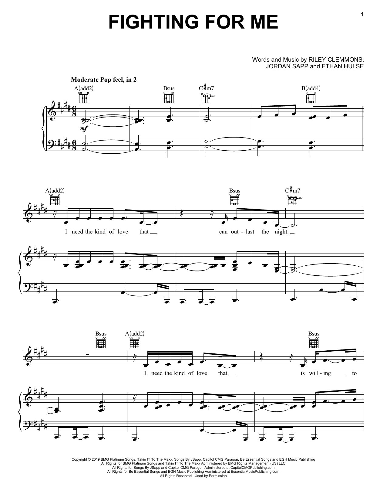 Riley Clemmons Fighting For Me Sheet Music Notes & Chords for Piano, Vocal & Guitar (Right-Hand Melody) - Download or Print PDF