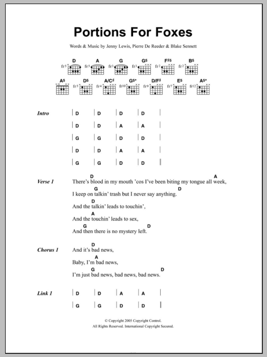 Rilo Kiley Portions For Foxes Sheet Music Notes & Chords for Lyrics & Chords - Download or Print PDF