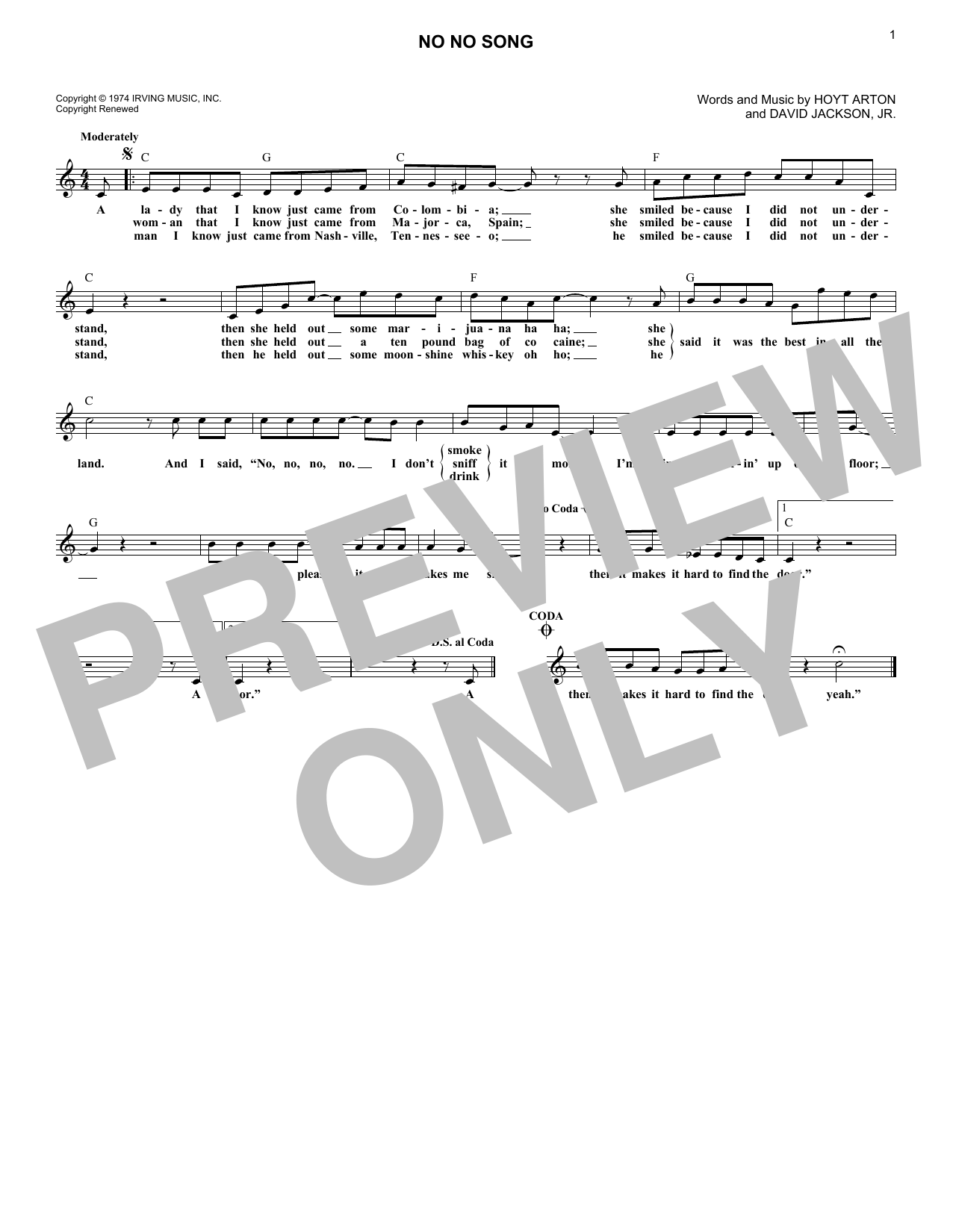 Ringo Starr No No Song Sheet Music Notes & Chords for Melody Line, Lyrics & Chords - Download or Print PDF