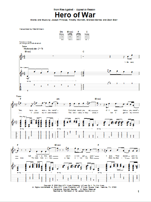 Rise Against Hero Of War Sheet Music Notes & Chords for Guitar Tab - Download or Print PDF