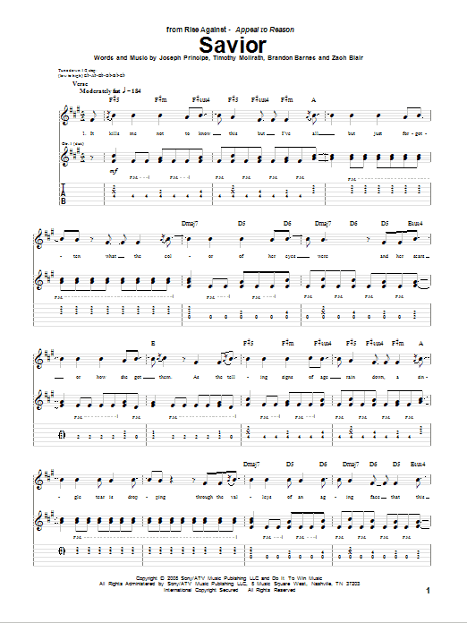 Rise Against Savior Sheet Music Notes & Chords for Guitar Tab - Download or Print PDF