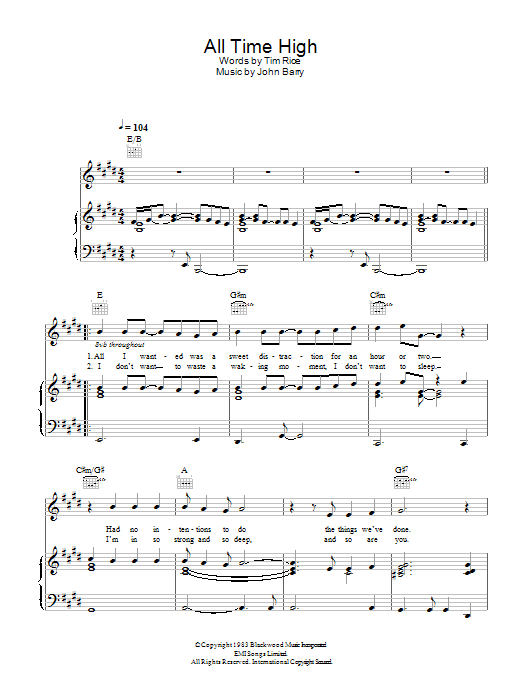 Rita Coolidge All Time High Sheet Music Notes & Chords for Piano, Vocal & Guitar (Right-Hand Melody) - Download or Print PDF