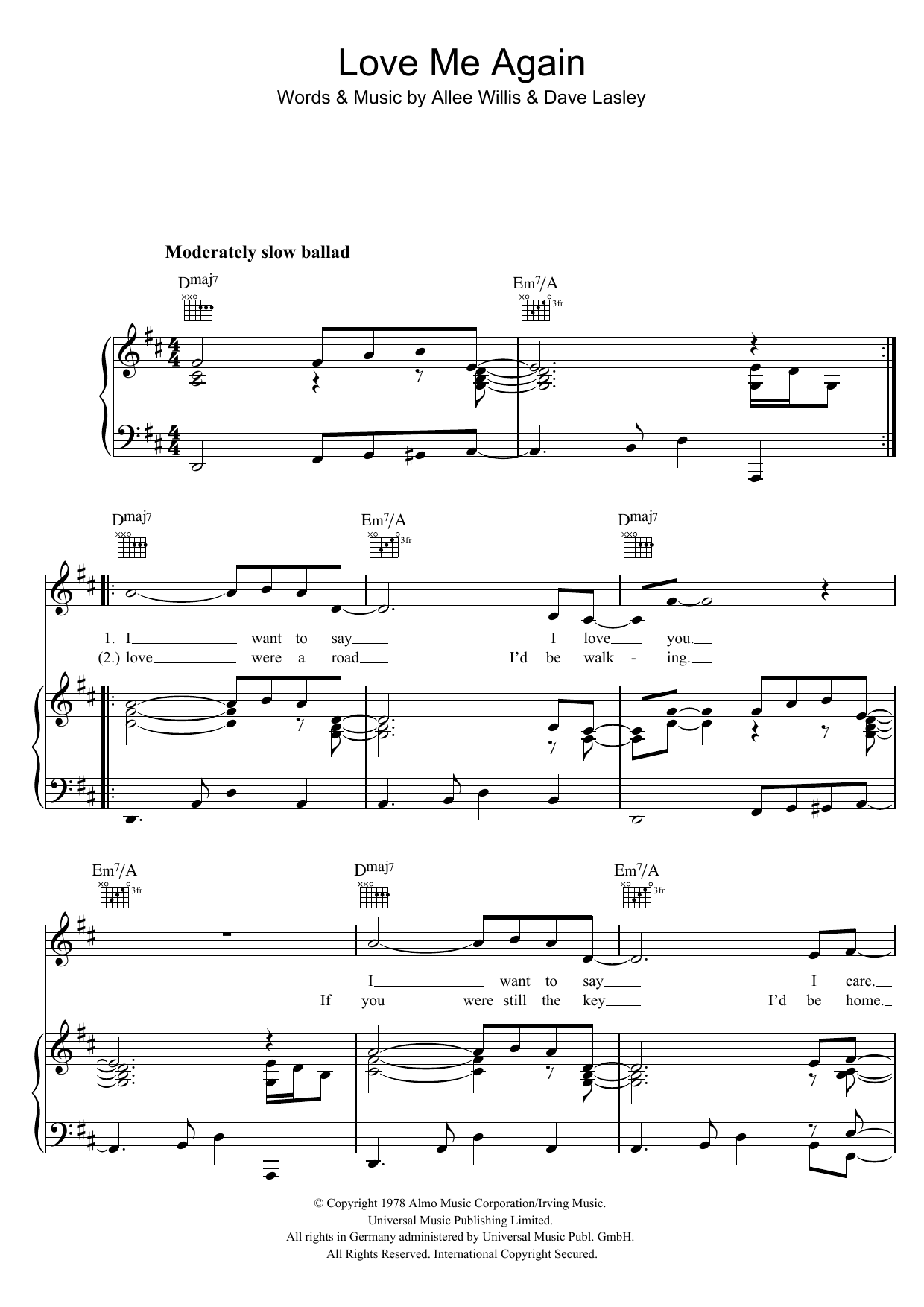 Rita Coolidge Love Me Again Sheet Music Notes & Chords for Piano, Vocal & Guitar (Right-Hand Melody) - Download or Print PDF