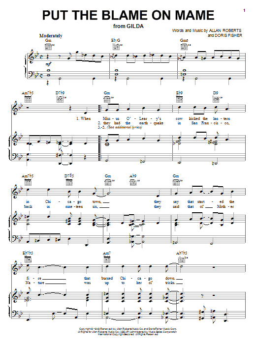 Rita Hayworth Put The Blame On Mame Sheet Music Notes & Chords for Piano, Vocal & Guitar (Right-Hand Melody) - Download or Print PDF