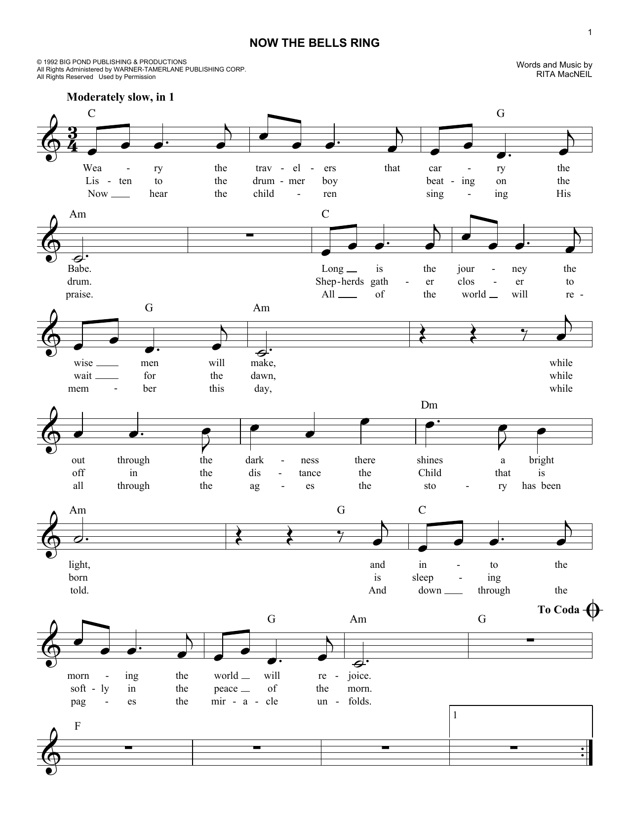 Rita MacNeil Now The Bells Ring Sheet Music Notes & Chords for Lead Sheet / Fake Book - Download or Print PDF